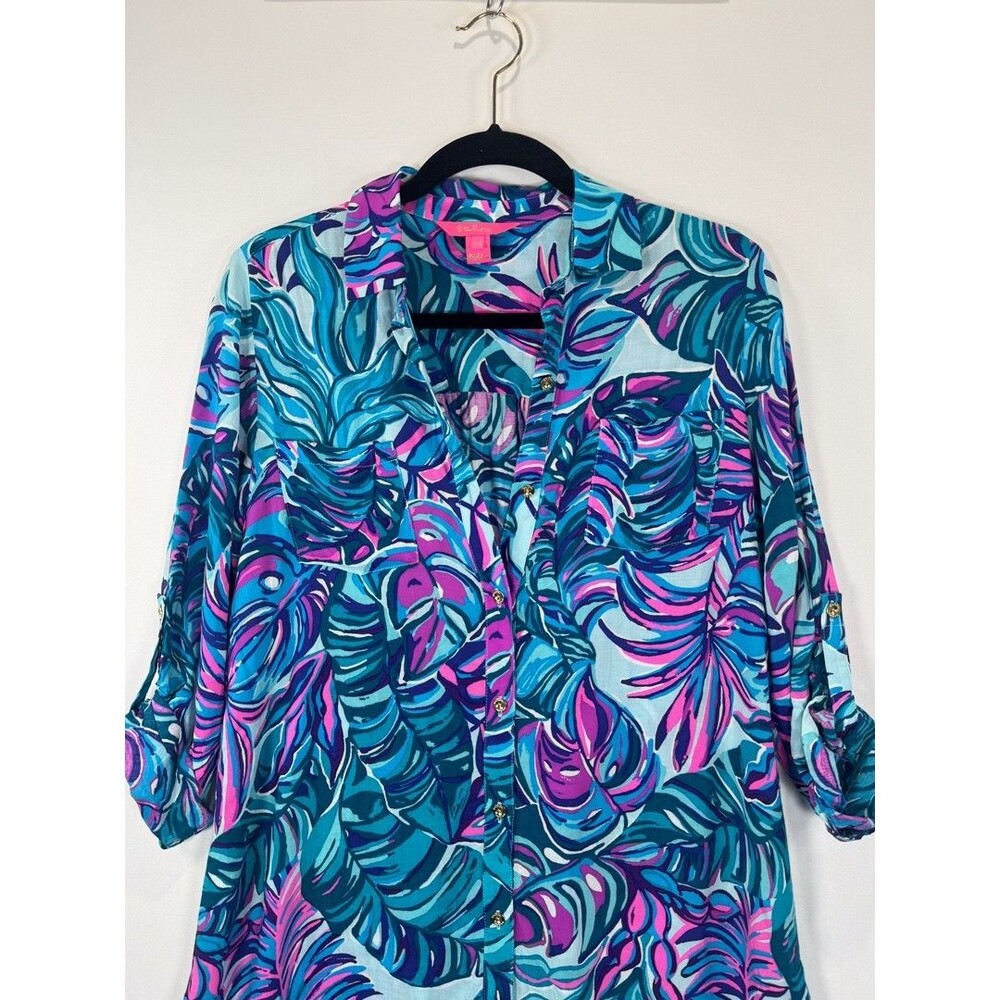 Lilly Pulitzer Dress Blue Natalie Shirtdress Cover Up Mini Floral Beach 2XS - Picture 6 of 11